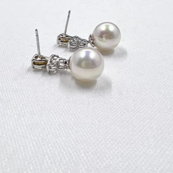 White 14K and Sterling Silver CZ Drop Faux Pearl Earrings - Picture 5 of 6